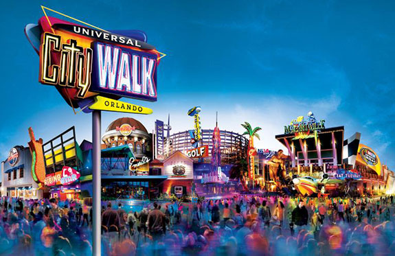 Universal City Walk flashy lights and alot of people walking