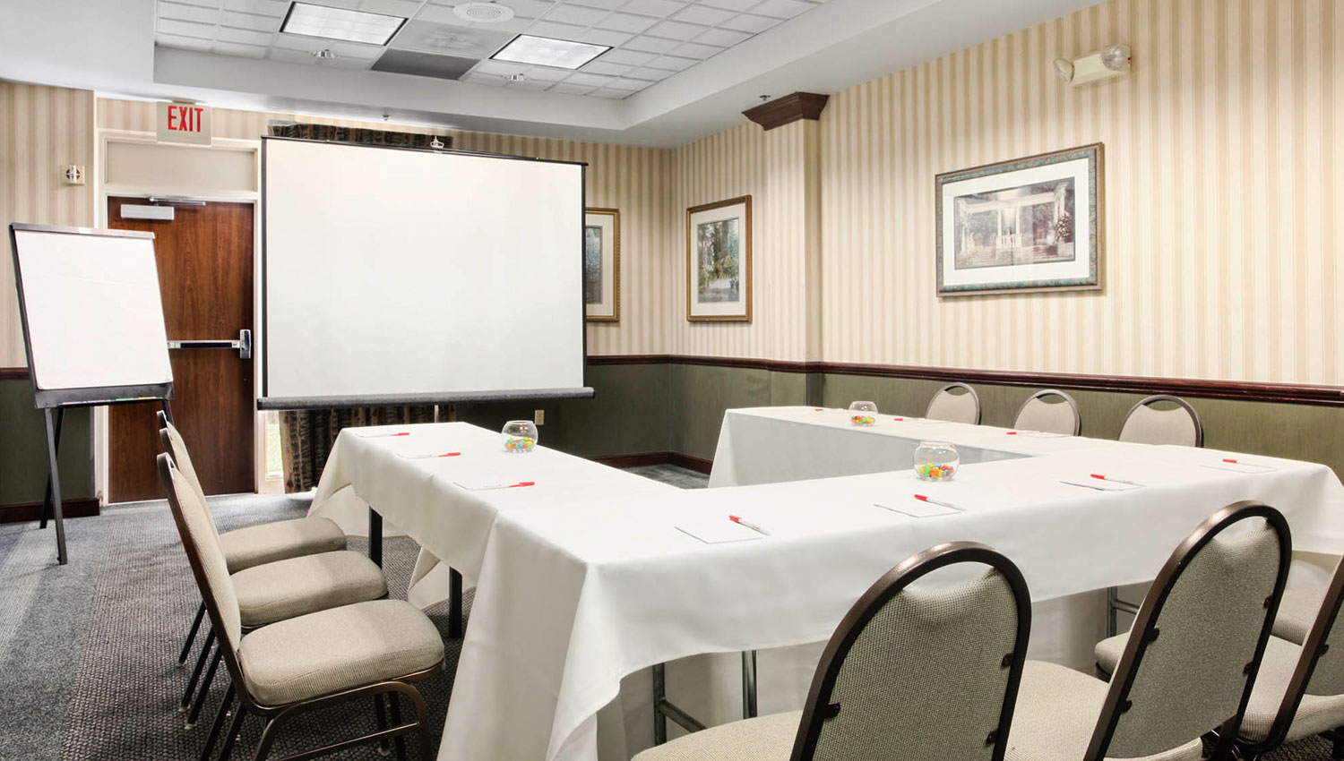 meeting rooms with white LCD projector and screen with a flip chart
