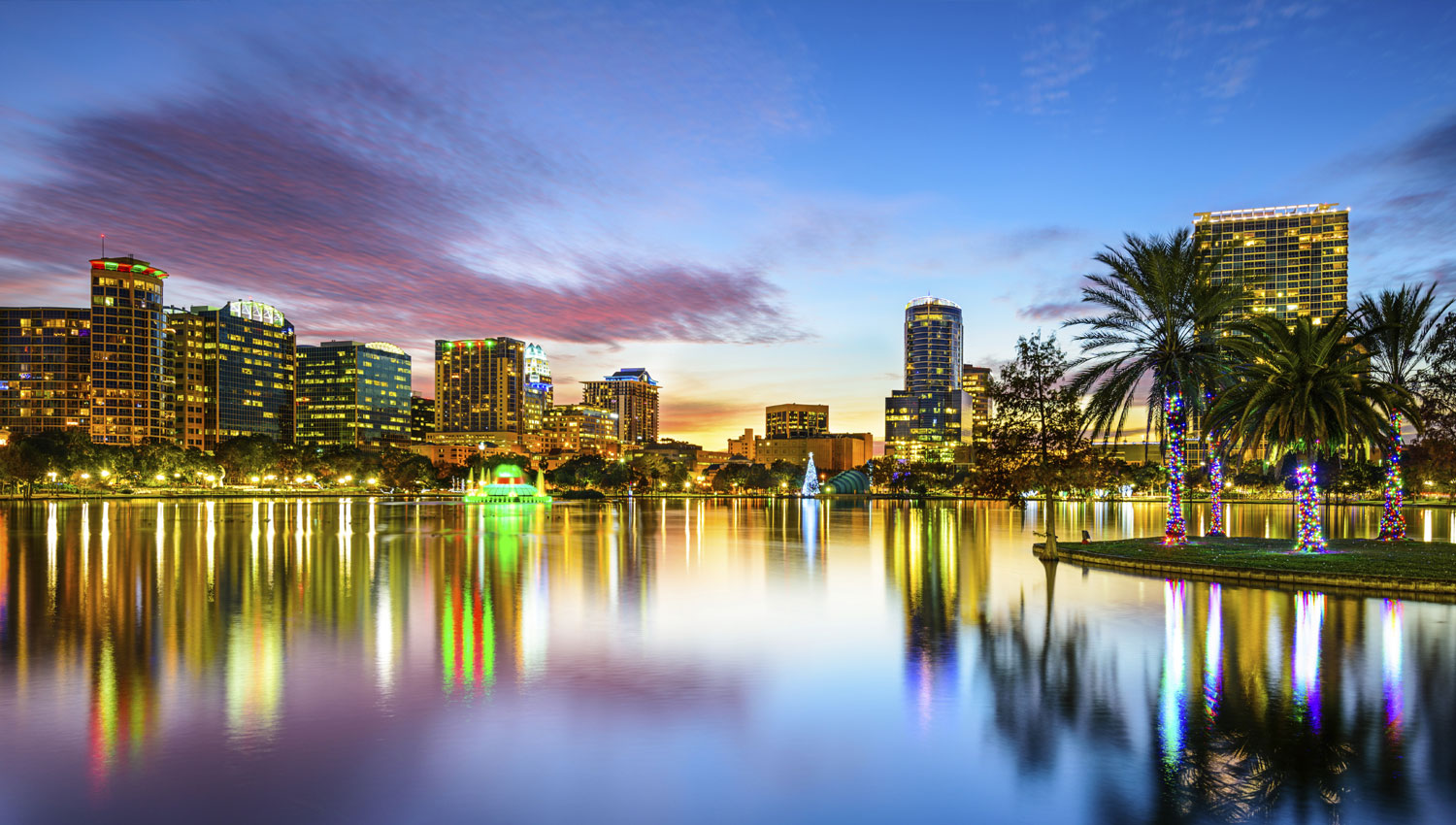 beautiful Orlando night lights that glare off city water